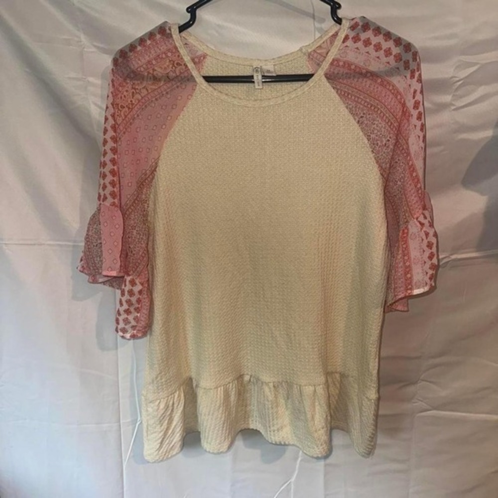 Cato Womens Boho Waffle Knit Raglan Top Pink Paisley Ruffle Sleeve Cream Medium